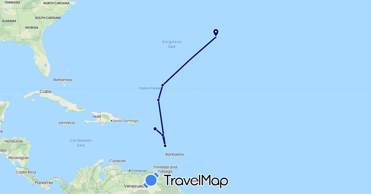 TravelMap itinerary: driving in France, Saint Kitts and Nevis (Europe, North America)